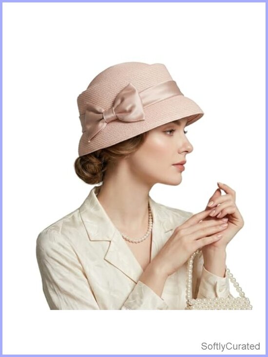 Vintage Straw Cloche Hat with Satin Bow for Church Tea Party Wedding main image 4